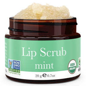 Beauty by Earth lip scrub mint bottle shows organic formula for smooth, hydrated lips