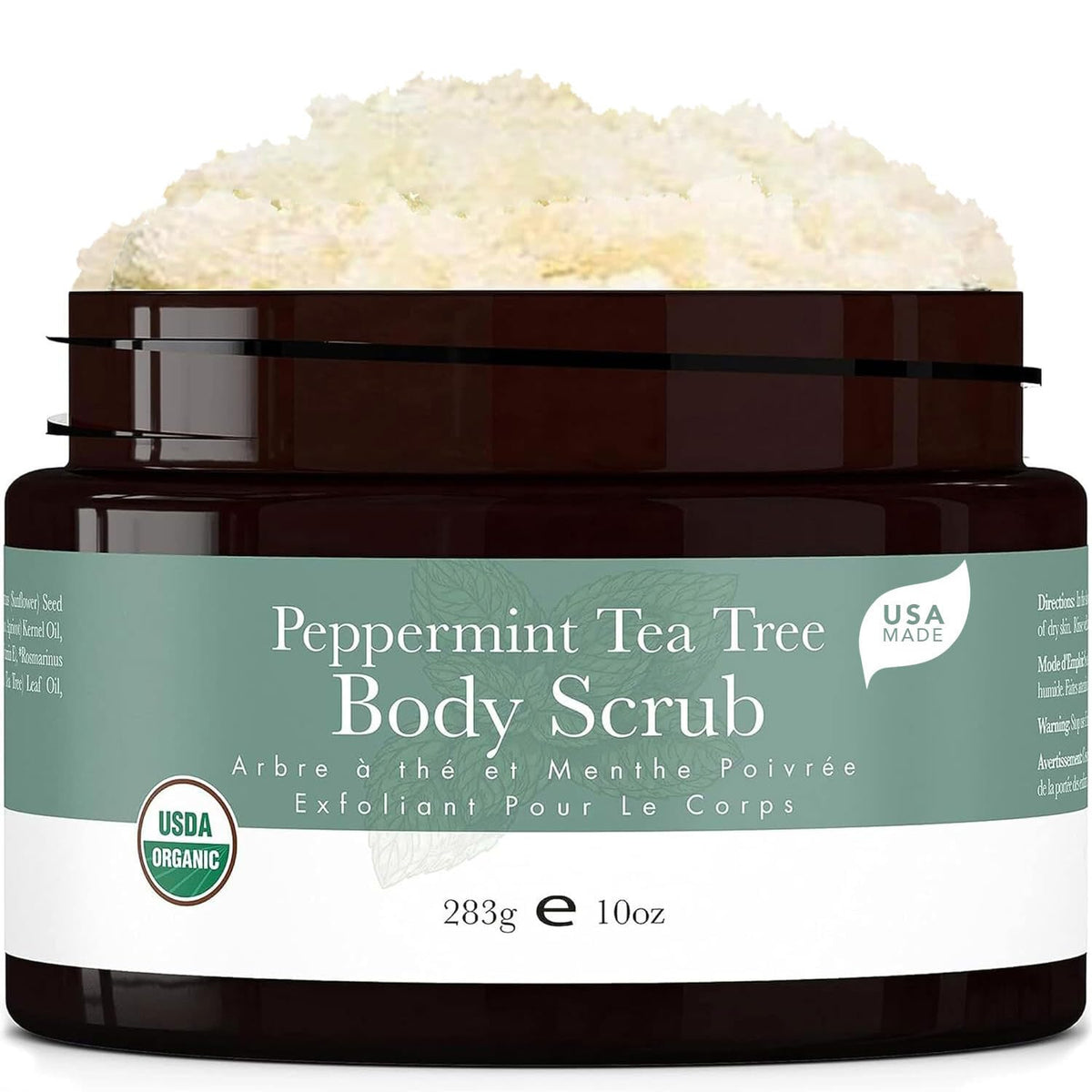 Beauty by Earth Peppermint Tea Tree Sugar Scrub bottle pour delivers refreshing exfoliation for polished skin.