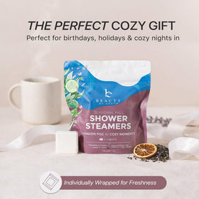 Beauty by Earth steamers resting on bathroom shelf ready to use.