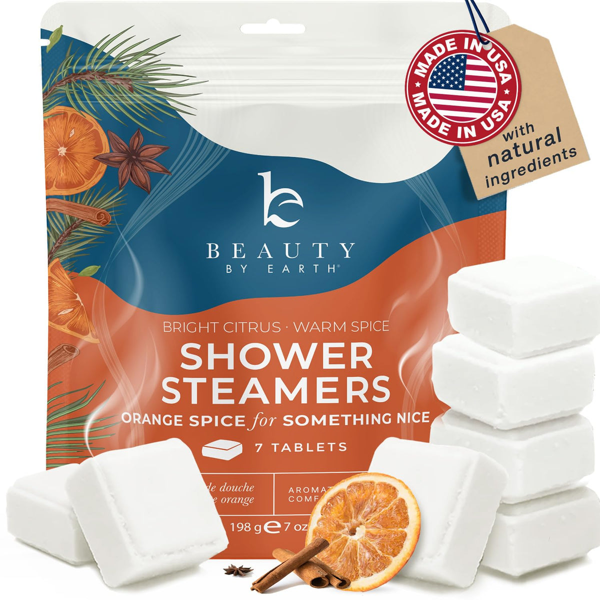 Beauty by Earth shower steamer with orange and fir aroma for relaxing shower aromatherapy.