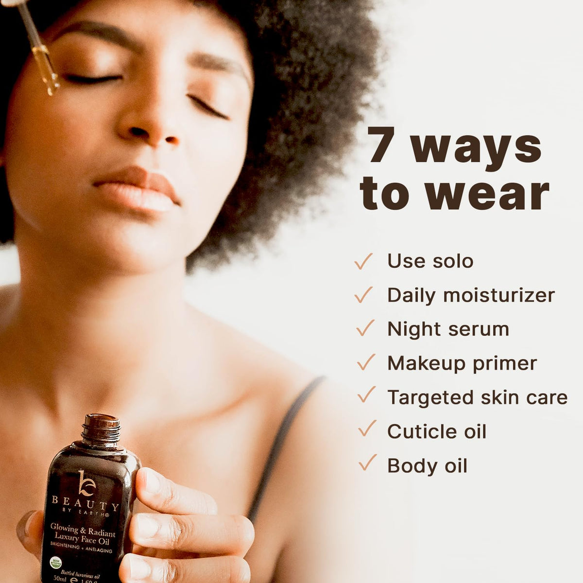 Beauty by Earth oil on skin delivers non-greasy, hydrating feel.