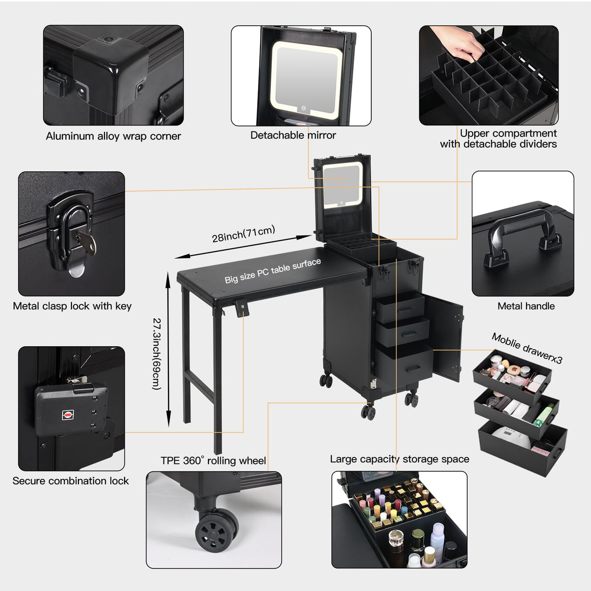 Beauty Case detachable mirror for client checks and quick styling adjustments.