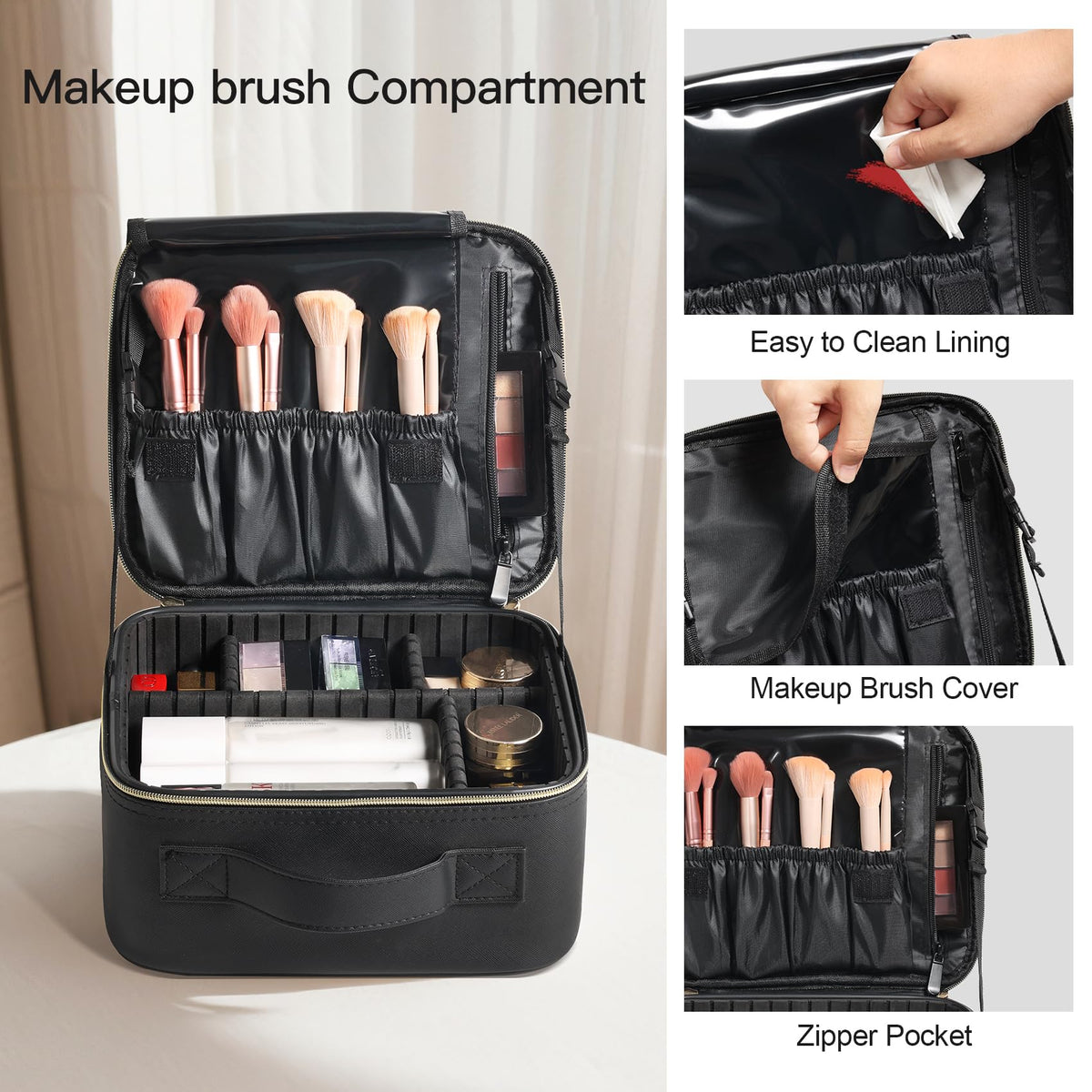 Beauty Case durable PU leather exterior and easy-clean PVC lining keeps cosmetics protected.