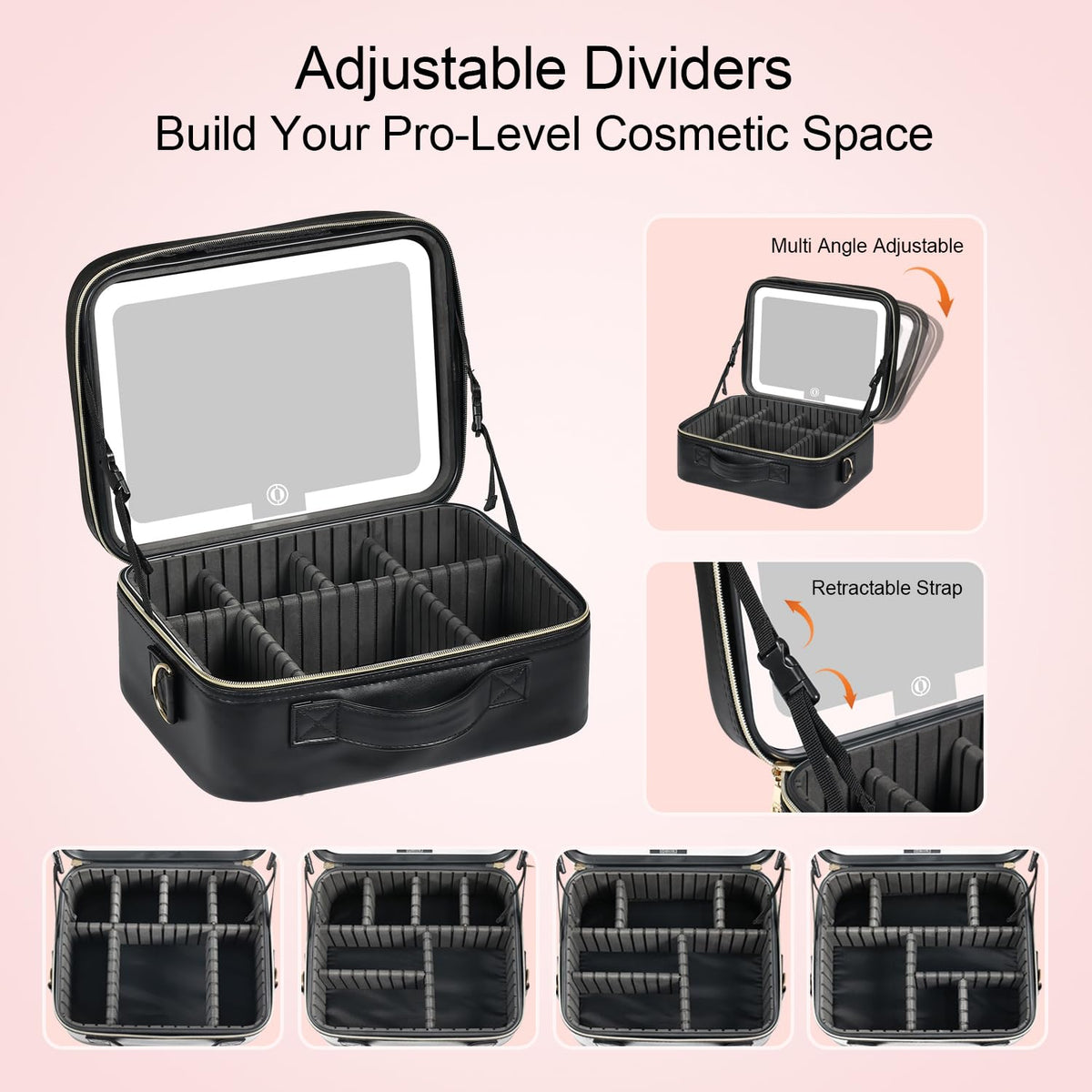 BEAUTY CASE elegant black design complements any vanity or luggage.