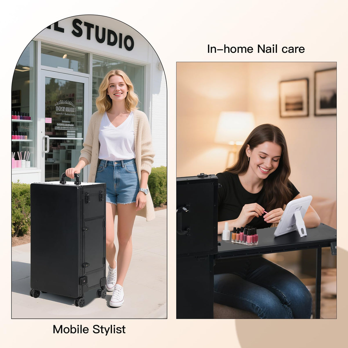 Beauty Case foldable nail tabletop saves space in tight work areas.