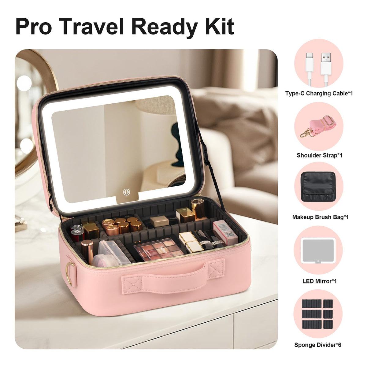 Beauty Case LED light modes provide natural, warm, or cool illumination