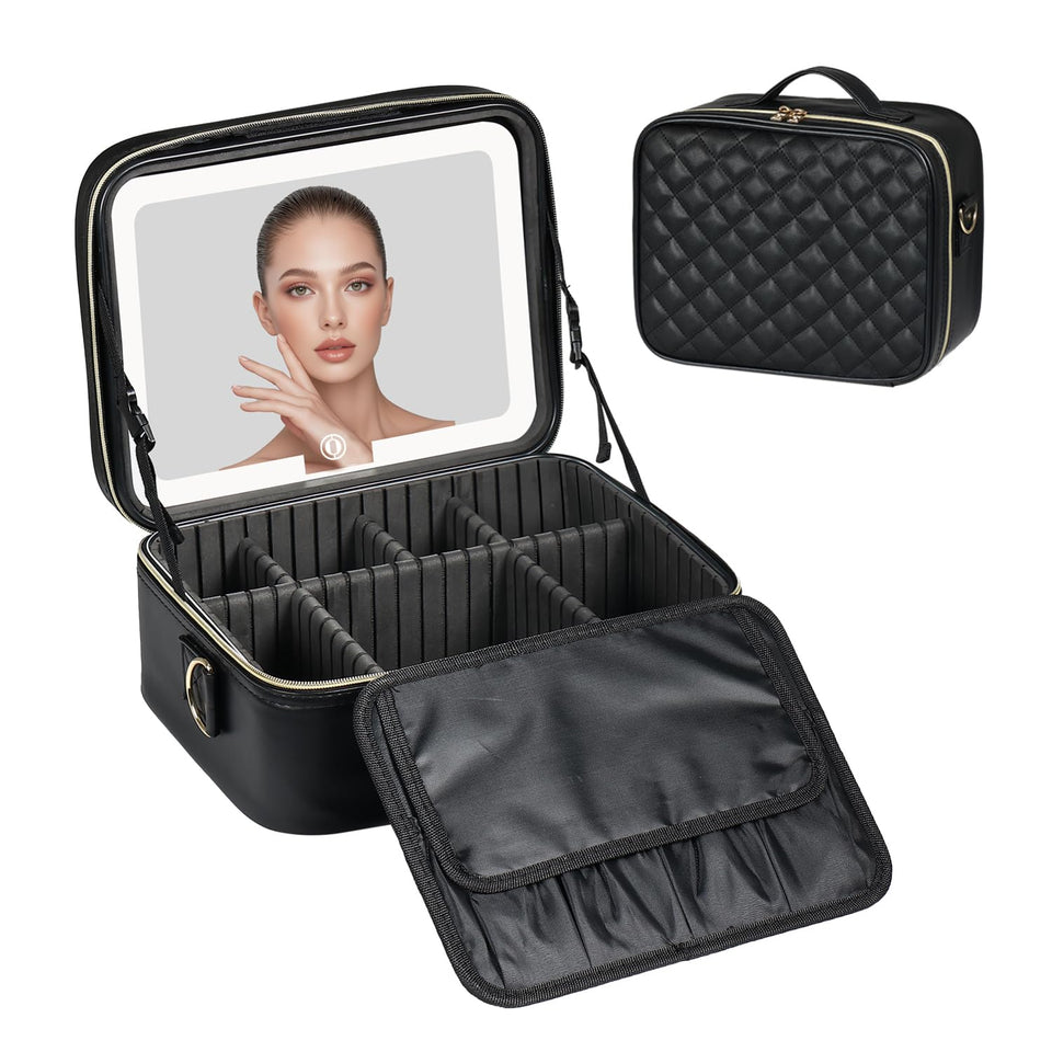 BEAUTY CASE LED mirror close-up shows bright lighting for precise makeup application.