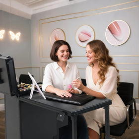Beauty Case lockable train case provides secure storage during sessions.