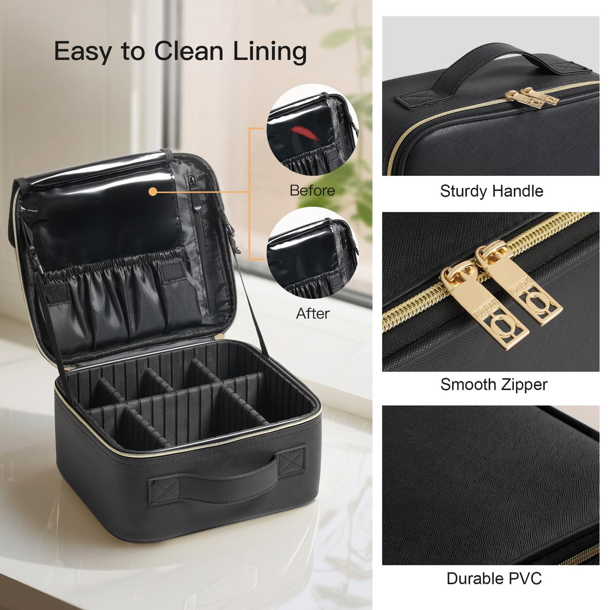 Beauty Case adjustable compartments with removable dividers for flexible organization.