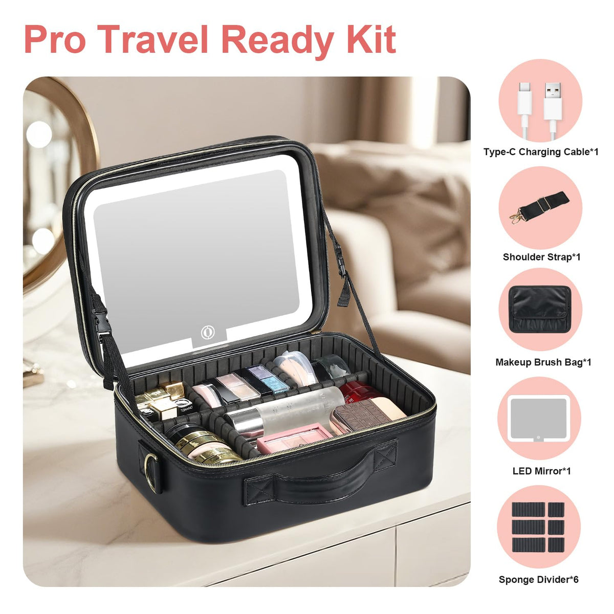 BEAUTY CASE 12-inch size balances capacity and portability for travel.
