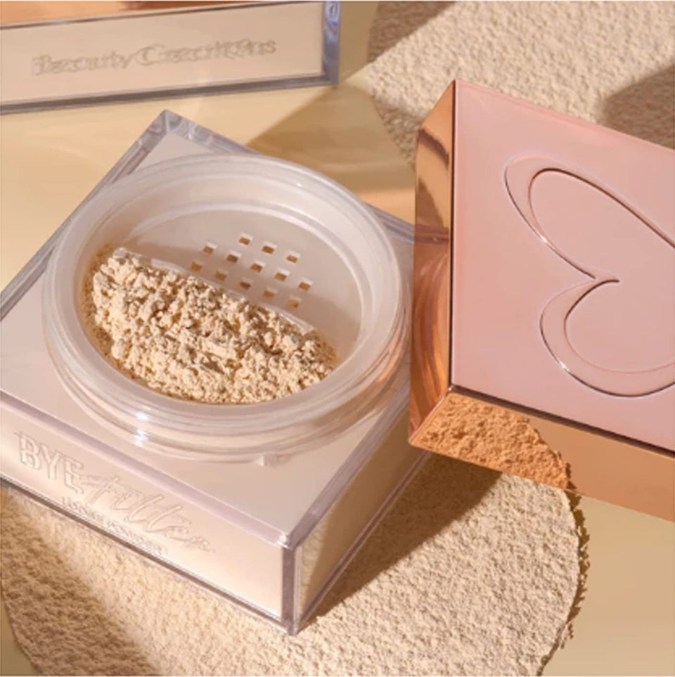 Beauty Creations loose setting powder jar showing translucent formula for pore-minimized matte look