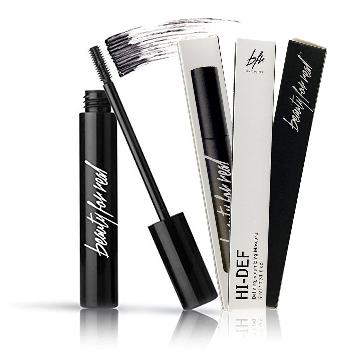 Beauty For Real Hi-Def Mascara Just Black closeup on tiny lashes for precise coating
