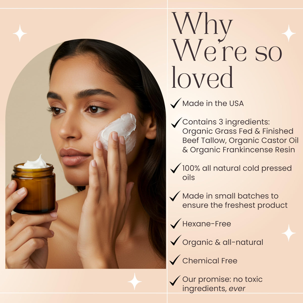 Beauty Glow castor oil whipped tallow application demonstrates smooth, quick-absorbing moisture.