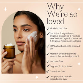 Beauty Glow castor oil whipped tallow application demonstrates smooth, quick-absorbing moisture.