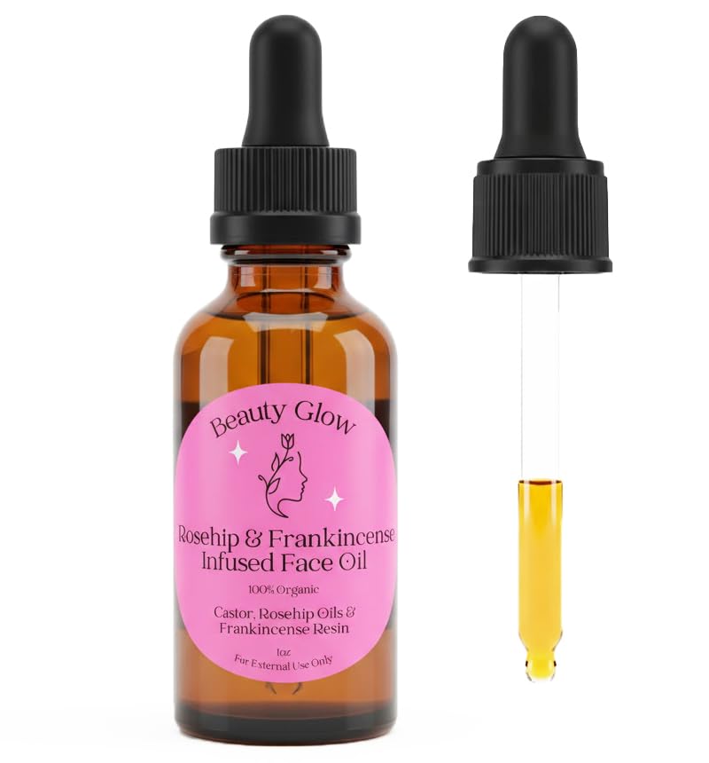 Beauty Glow frankincense resin infused face oil bottle delivering radiant hydration.