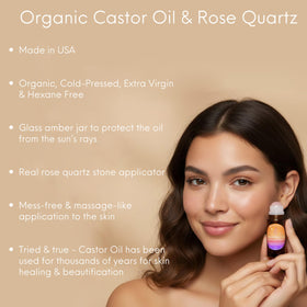 Beauty Glow castor oil with rose quartz roll-on on eyebrows and lashes for conditioning