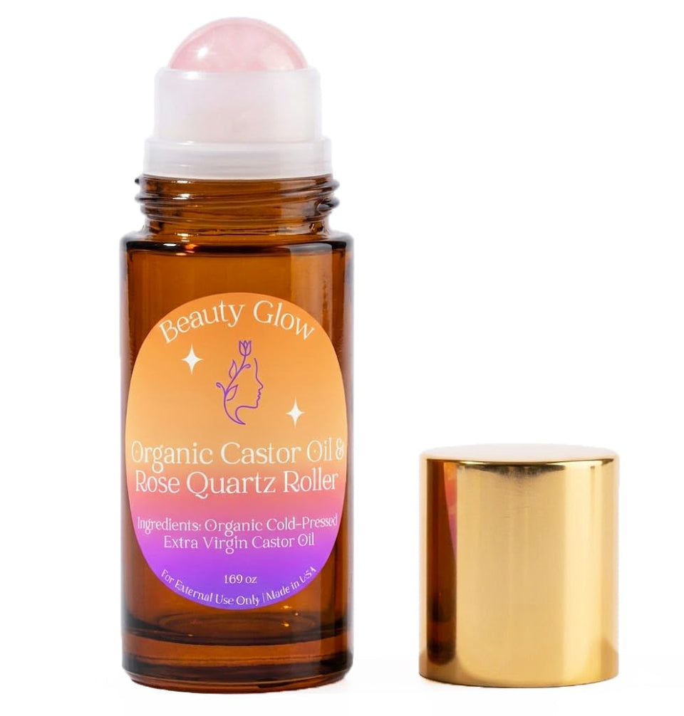 Beauty Glow organic castor oil with rose quartz roll-on bottle for face hydration and gentle application