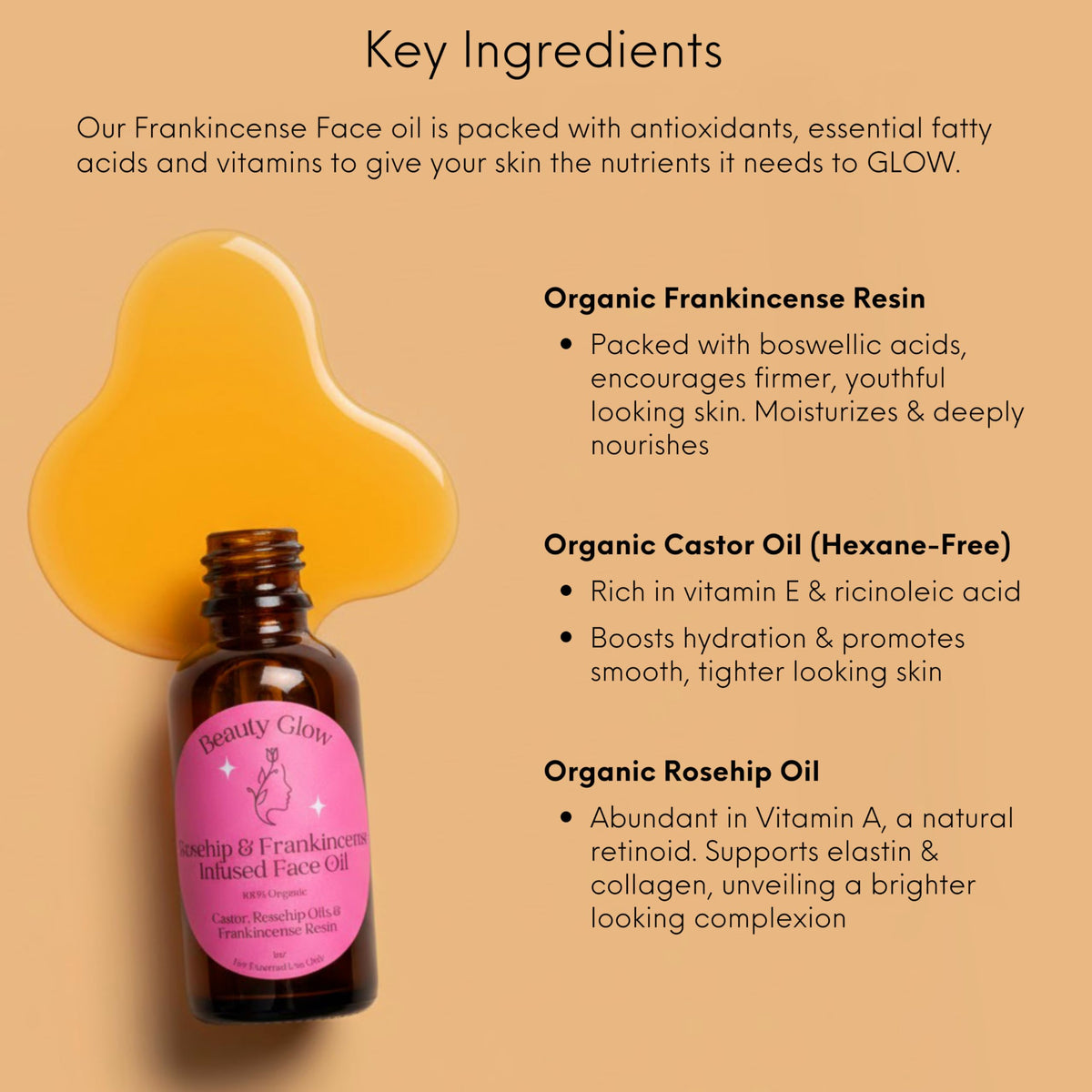 Beauty Glow rosehip oil bottle emphasizing hydration and natural vitamin A.