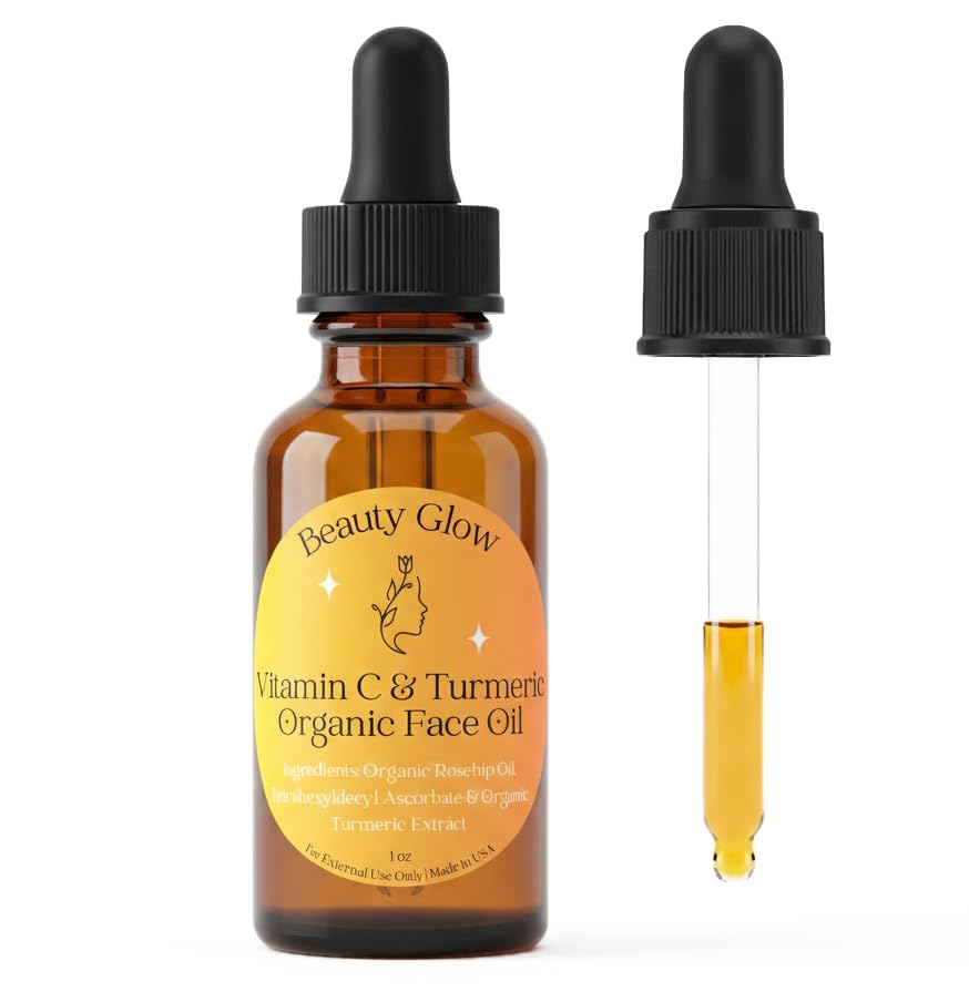 Beauty Glow turmeric vitamin C face oil bottle promoting radiant, even-toned skin.