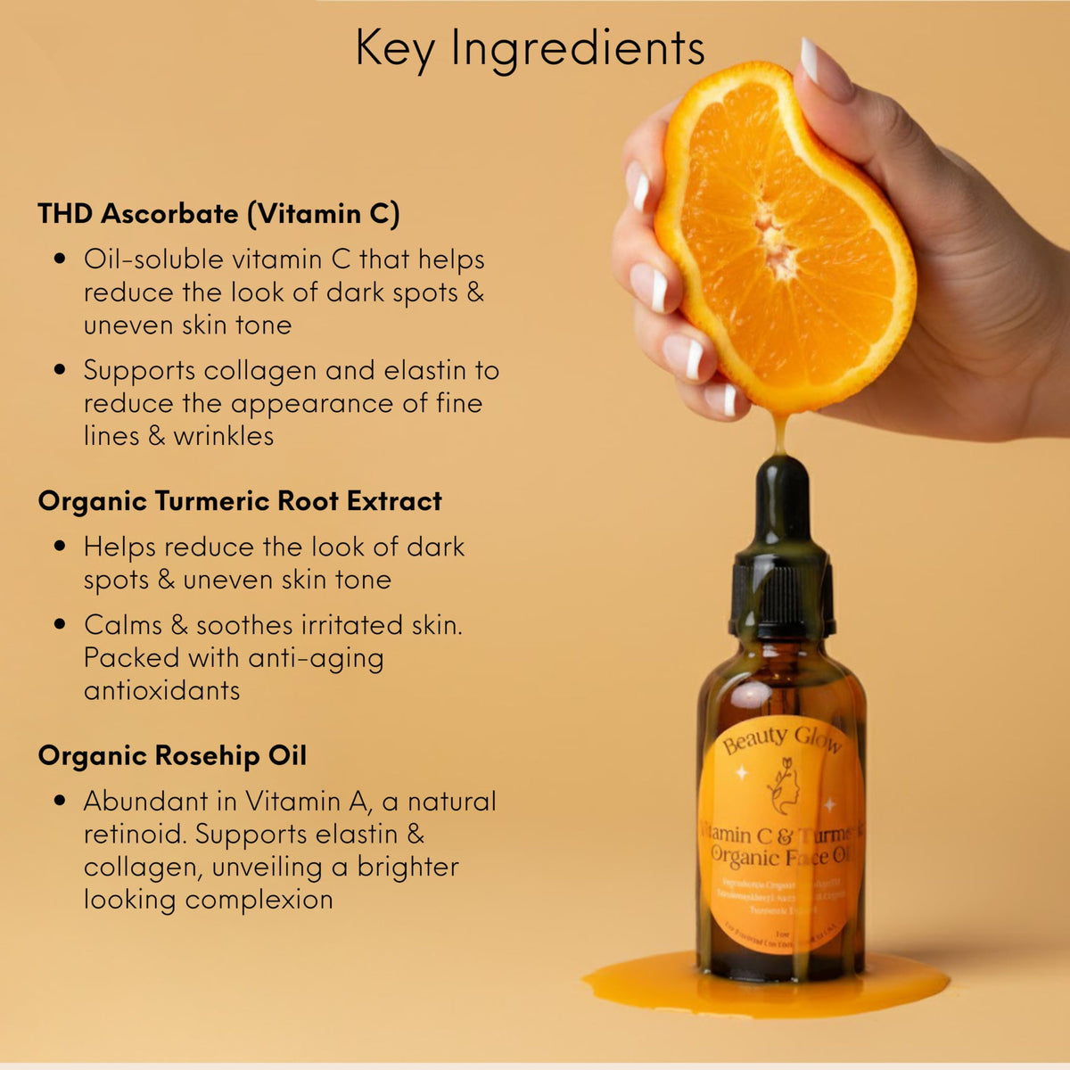 Beauty Glow turmeric vitamin C face oil dropper delivering lightweight non-greasy hydration.