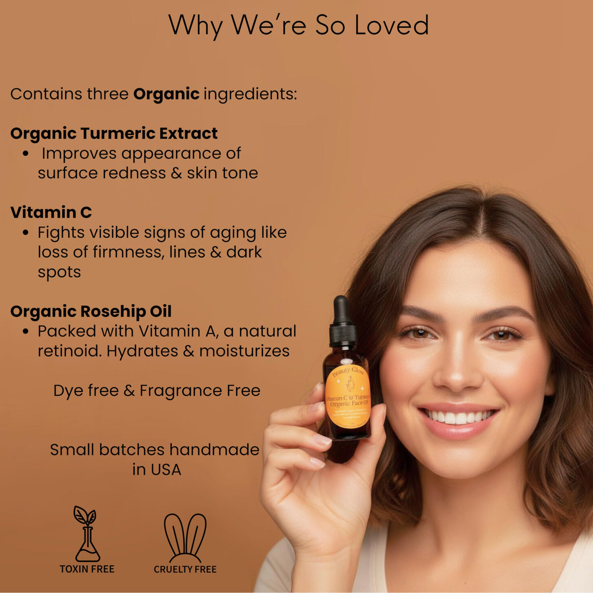 Beauty Glow turmeric vitamin C face oil ingredients featuring rosehip for hydration and glow.