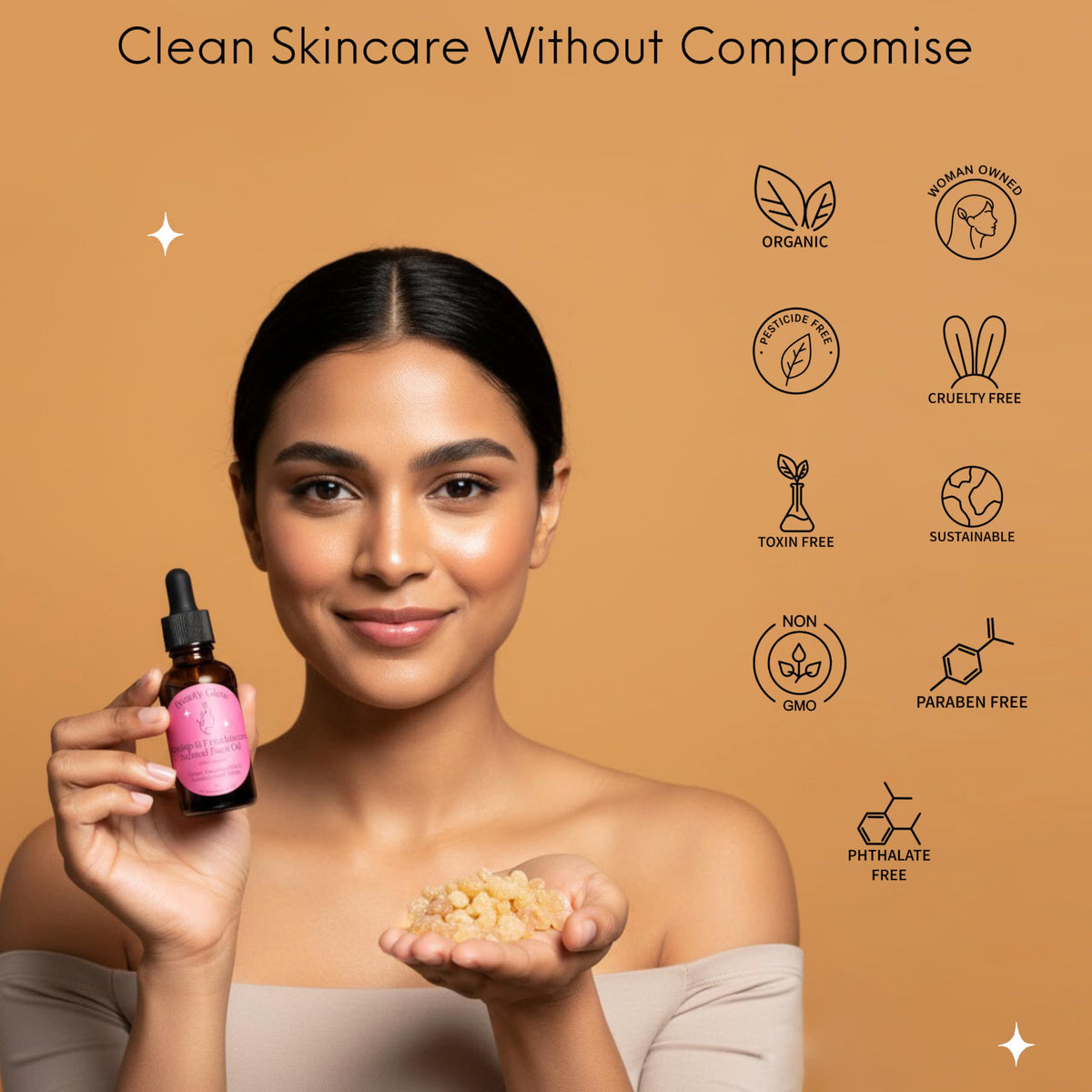 Beauty Glow USA-made small-batch label signals artisanal skincare.