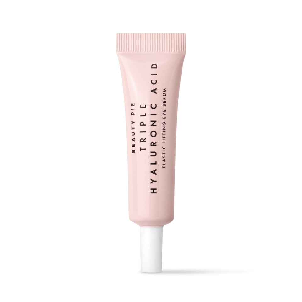 Beauty Pie Triple Hyaluronic Acid Eye Serum bottle shows lightweight hydration for delicate eye skin