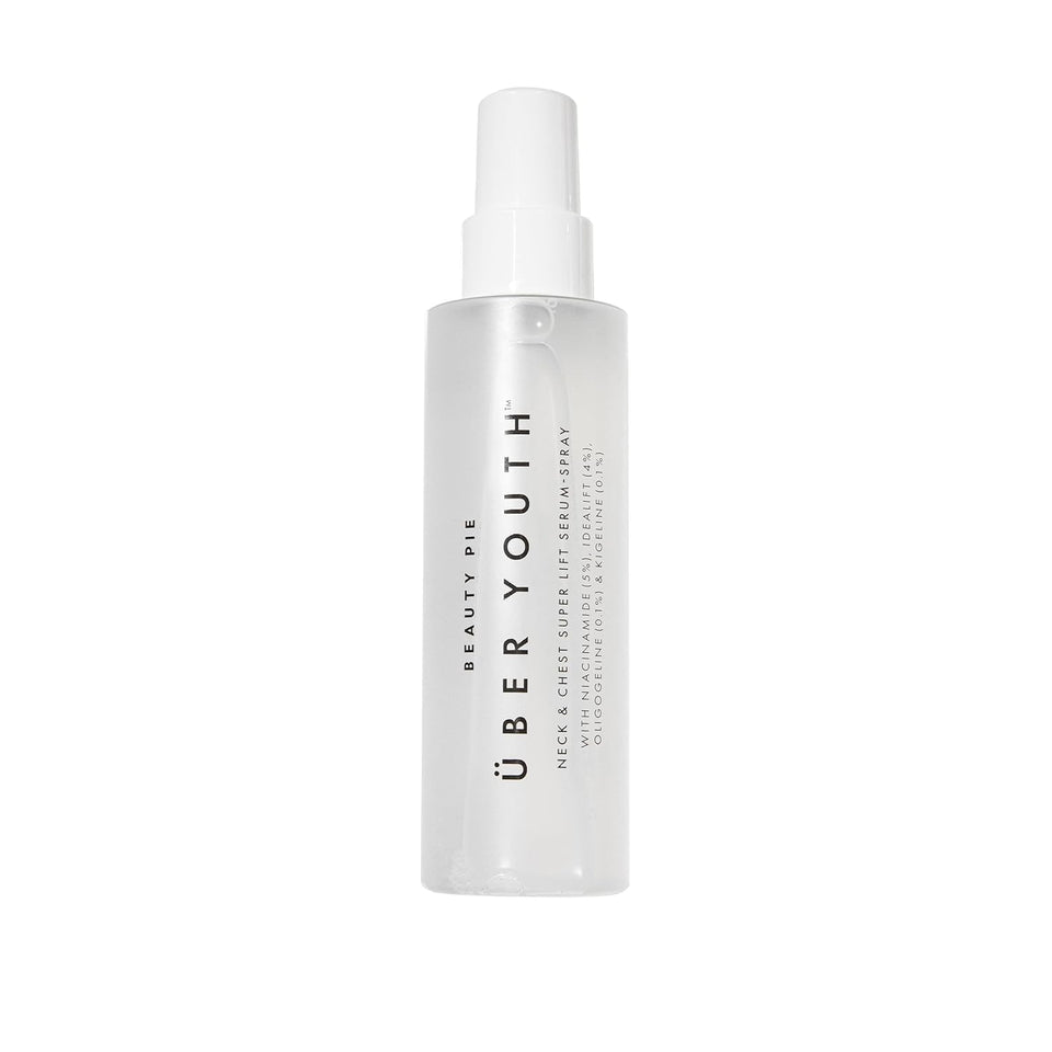 Beauty Pie Youth Neck-Chest Serum Spray bottle close-up showing firming potential