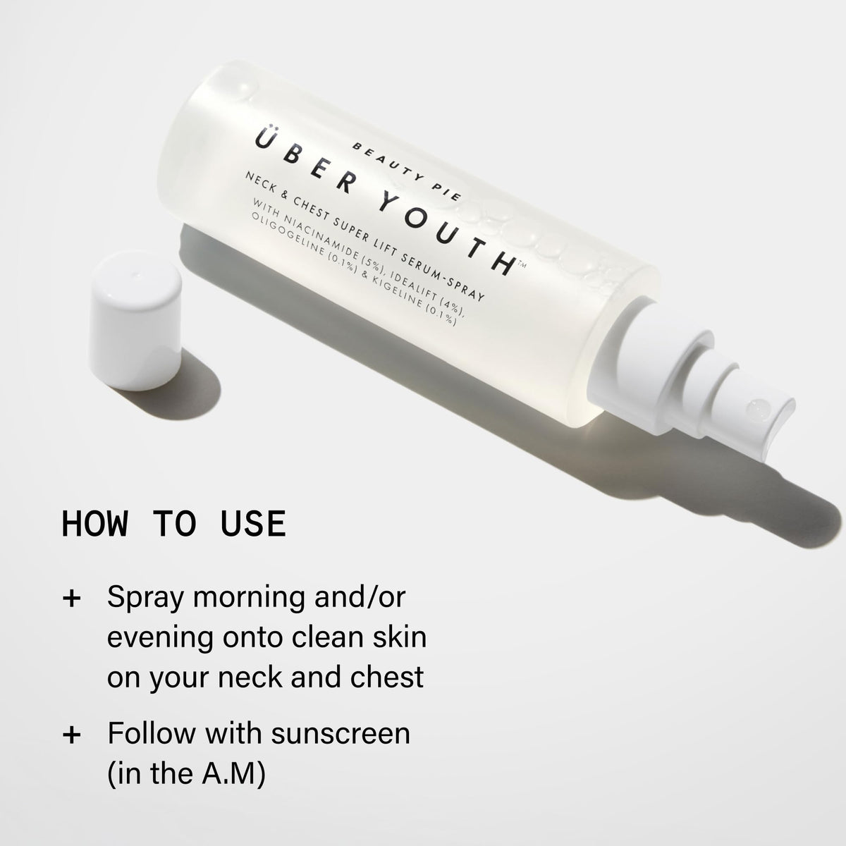 Beauty Pie Youth Neck-Chest Serum Spray label highlights actives and usage