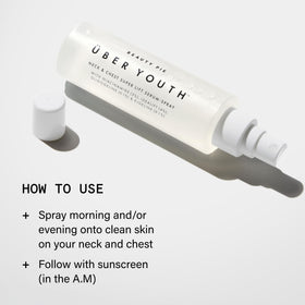 Beauty Pie Youth Neck-Chest Serum Spray label highlights actives and usage