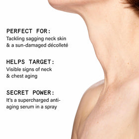 Beauty Pie Youth Neck-Chest Serum Spray mist application on neck for smoothing