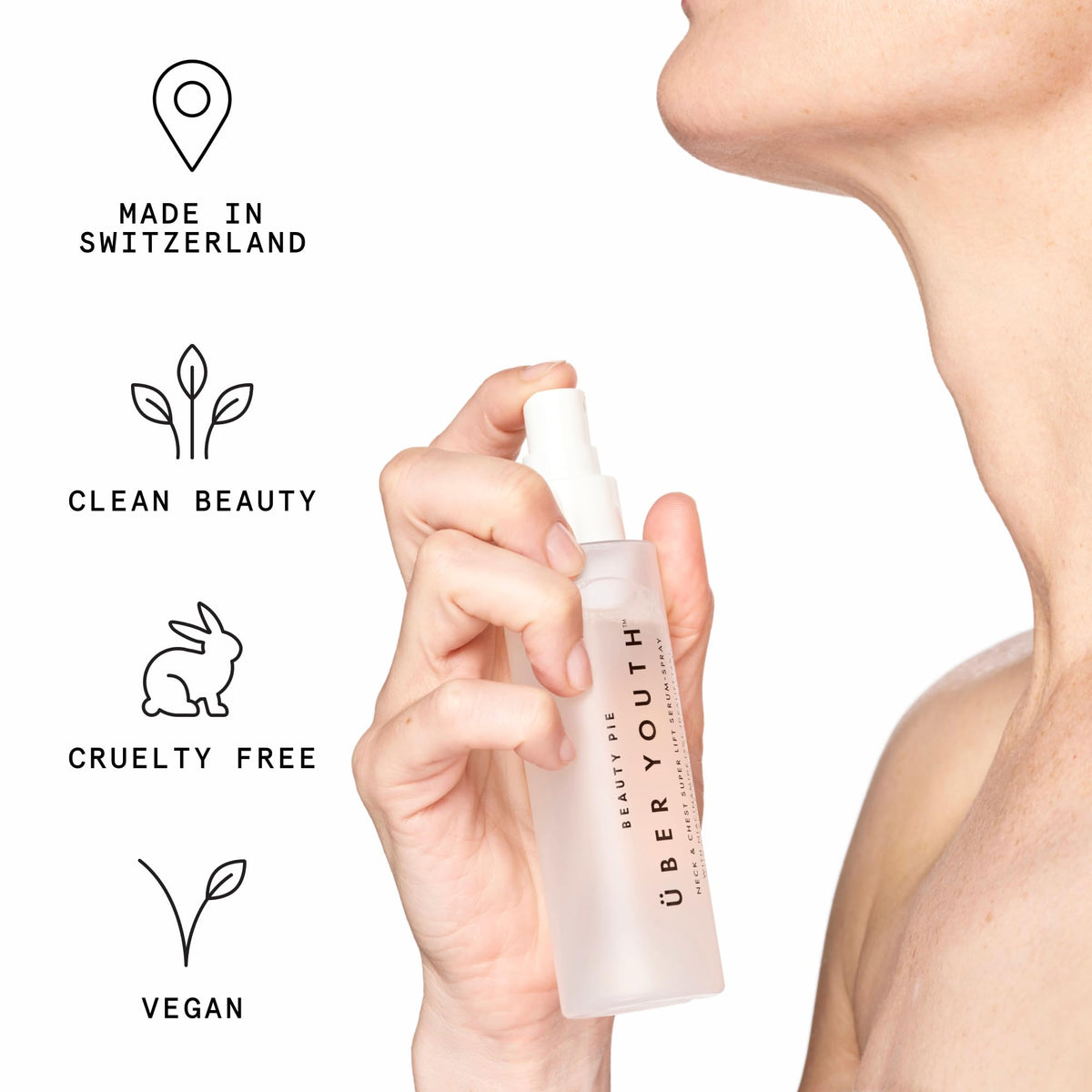 Beauty Pie Youth Neck-Chest Serum Spray on vanity suggests ready-to-use support