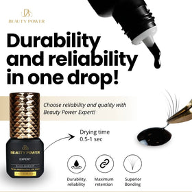 Beauty Power Expert adhesive precision application demonstrates smooth, clump-free lash bonding.