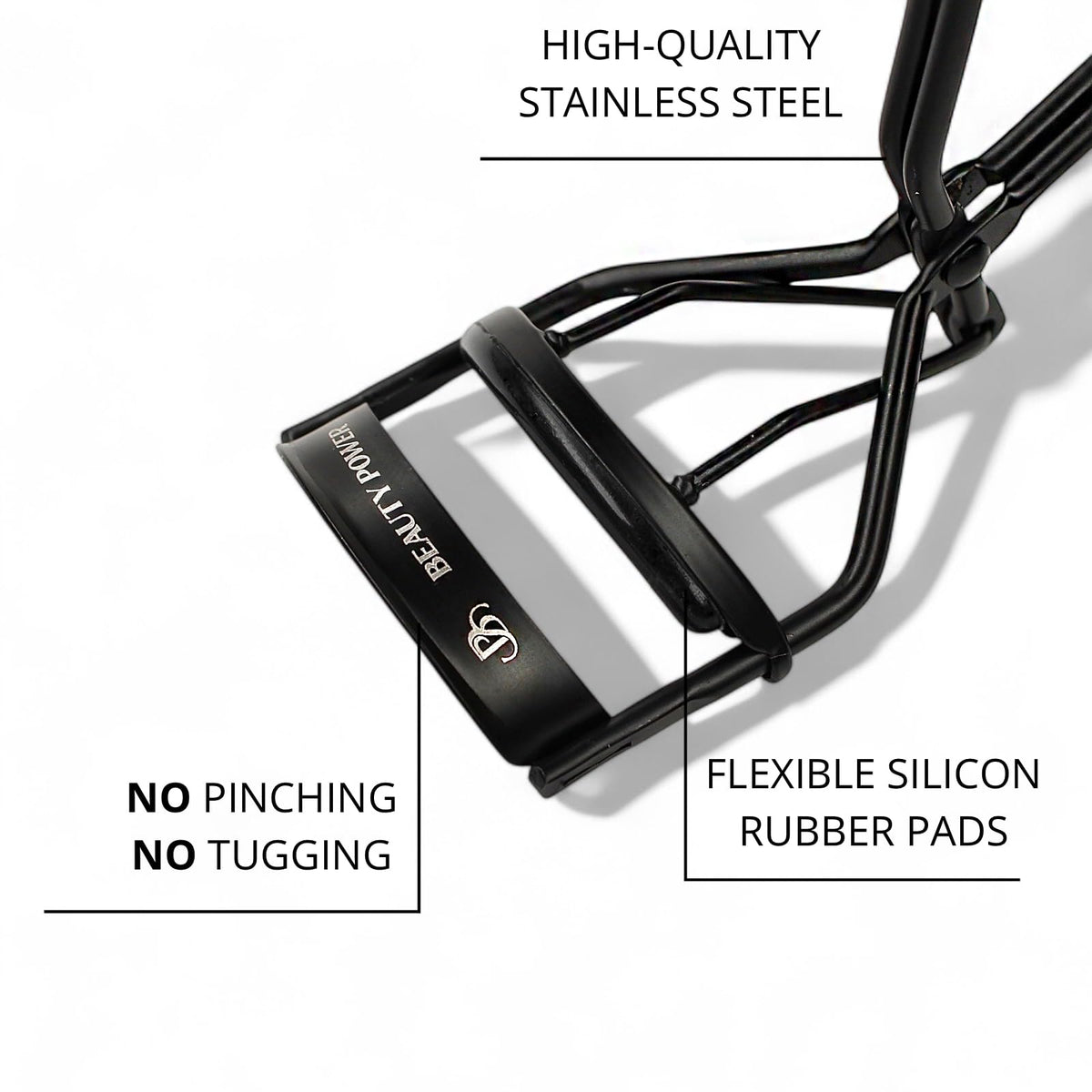 Beauty Power Eyelash Curler pads close-up highlighting replacement silicone pads for gentle, consistent lifts
