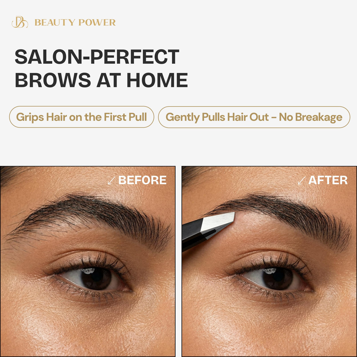 Beauty Power precision tweezers with pointed tips for fine hair removal.