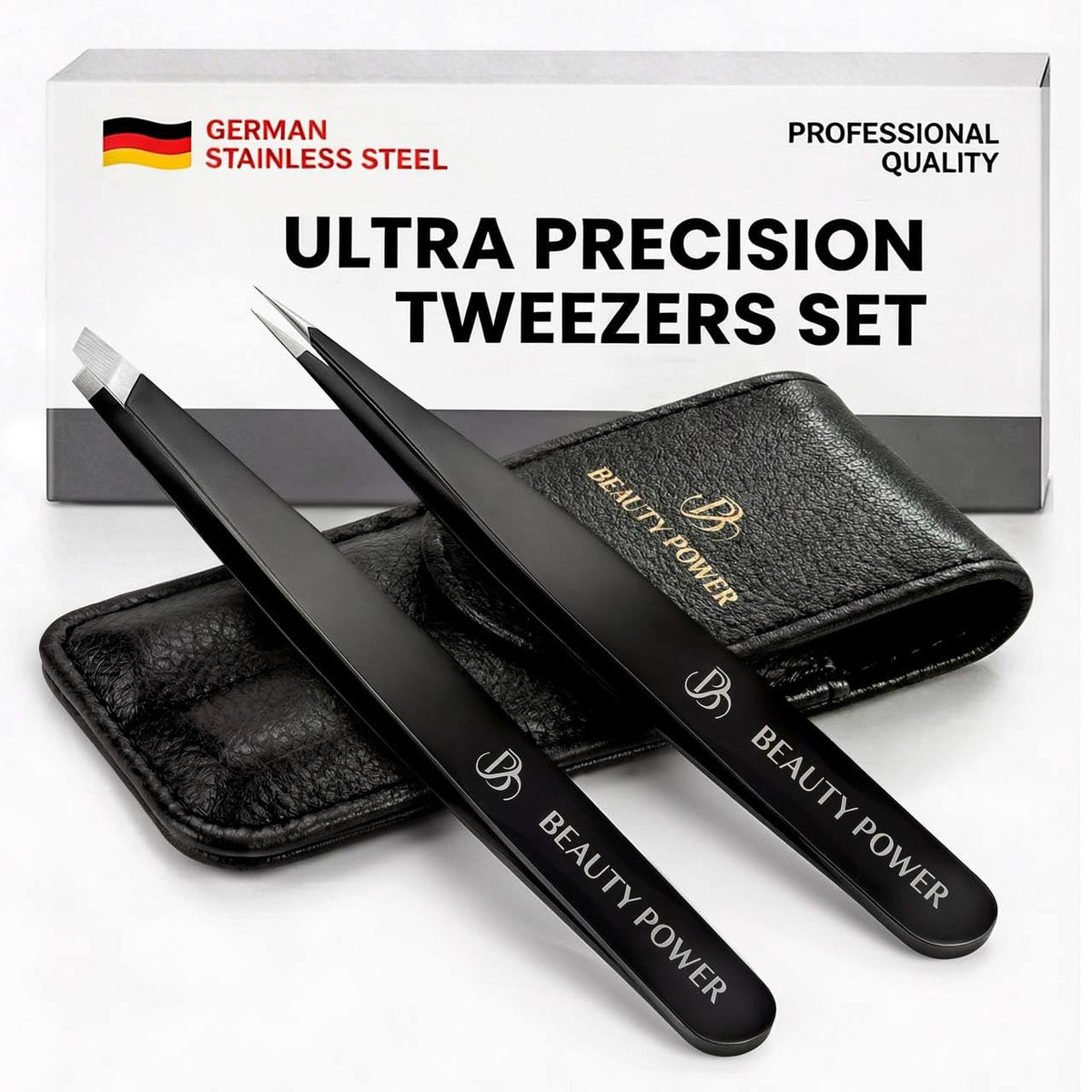 Beauty Power precision tweezers with slant tips for precise eyebrow shaping.