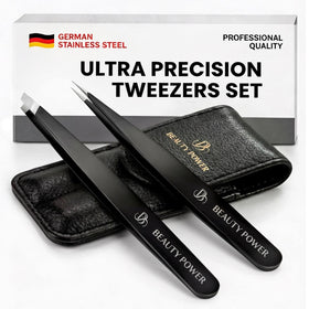 Beauty Power precision tweezers with slant tips for precise eyebrow shaping.