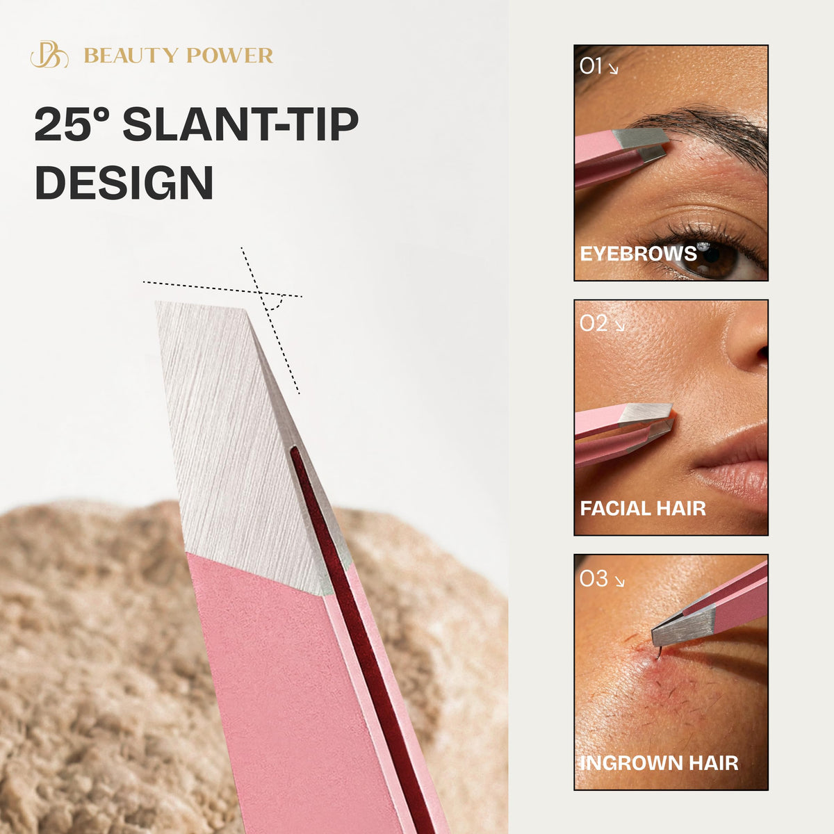 Beauty Power tweezers aiding precise eyebrow shaping for women and men.