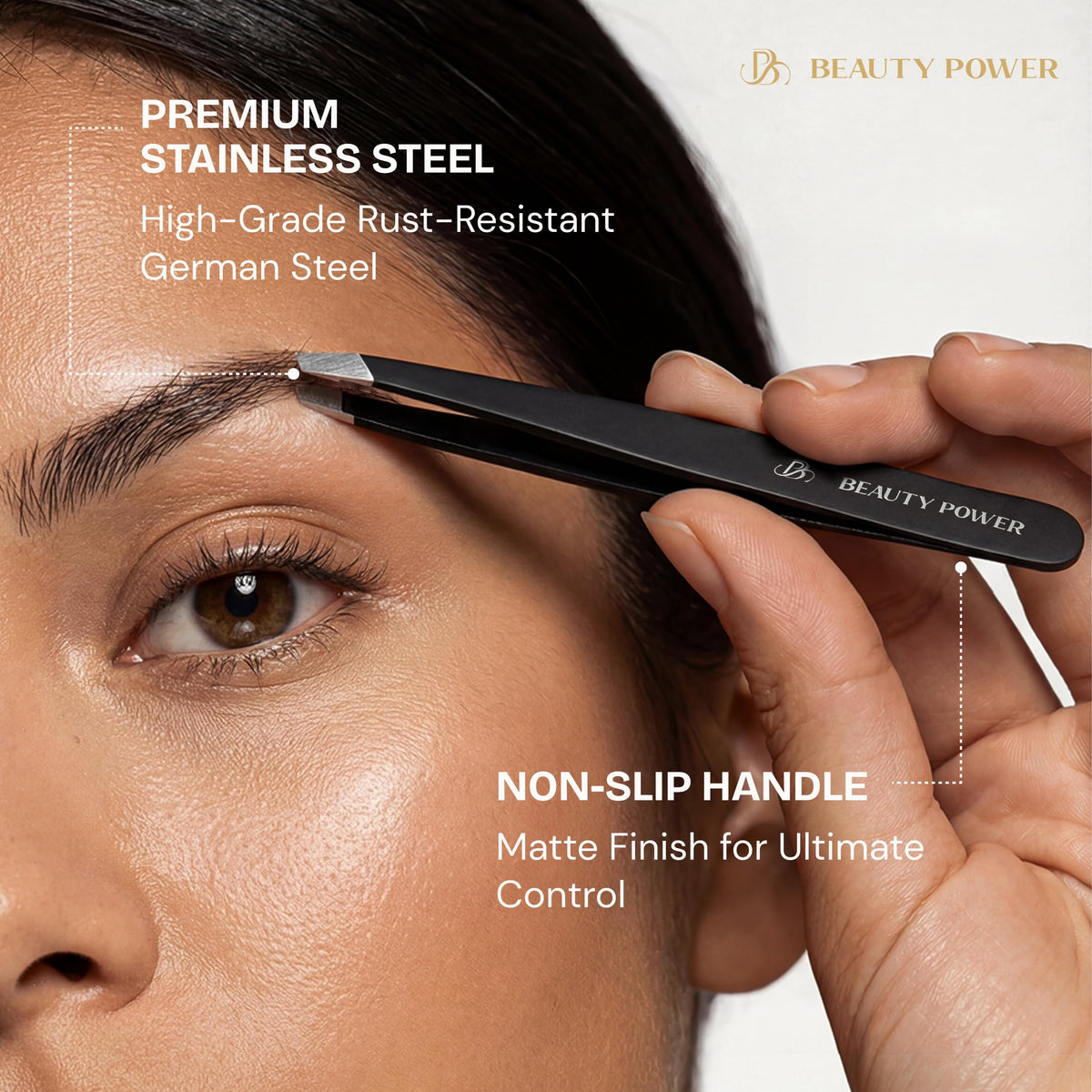 Beauty Power eyebrow shaping tweezers for neat, defined brows.