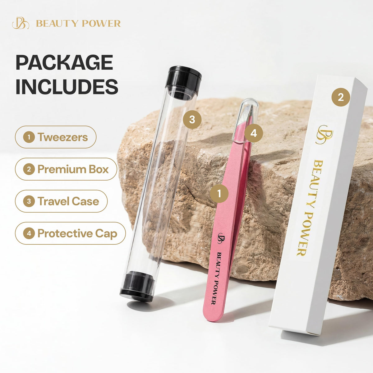 Beauty Power tweezers protective cap protects tips during travel.