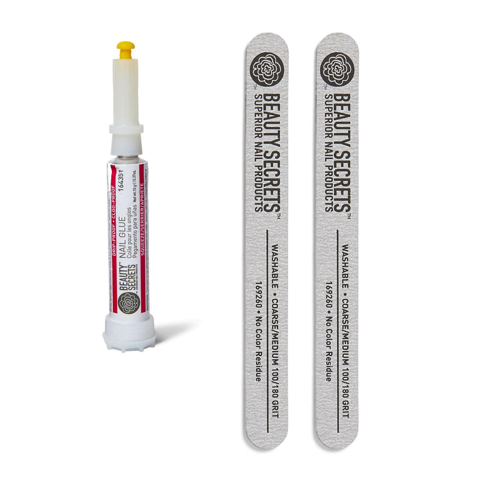 Beauty Secrets drip and clog proof nail glue 2-pack shown for clean, precise application.