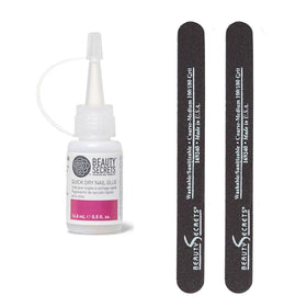 Beauty Secrets Quick Dry Nail Glue bottle with precise applicator for fast adhesion.