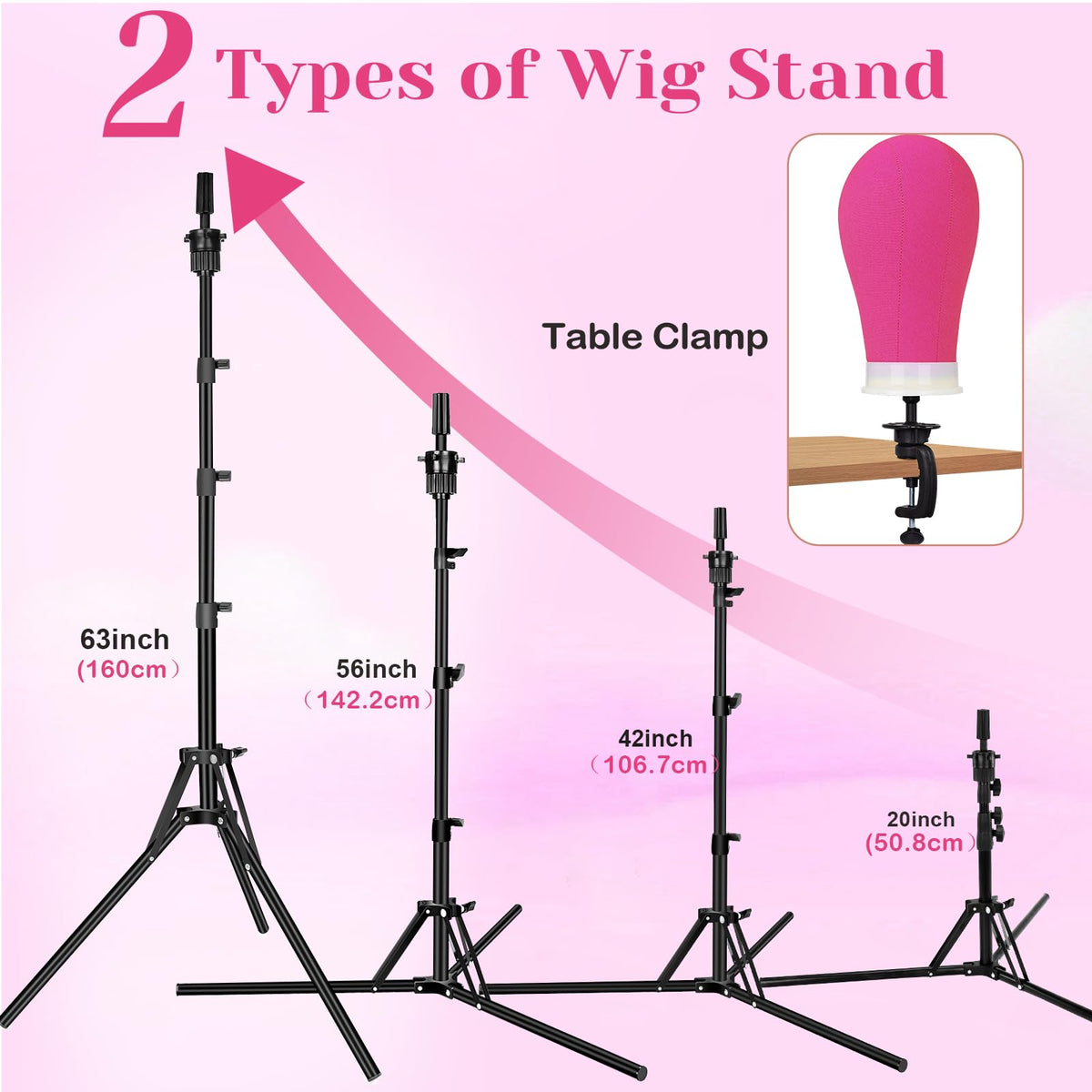 Beauty Star adjustable wig stand height for flexible workstation setup.