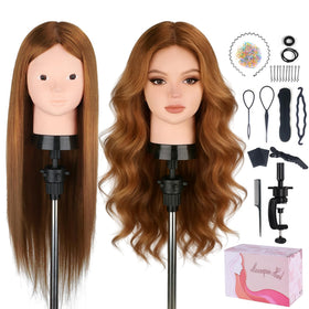 Beauty Star mannequin head with 80% real hair for realistic styling practice.