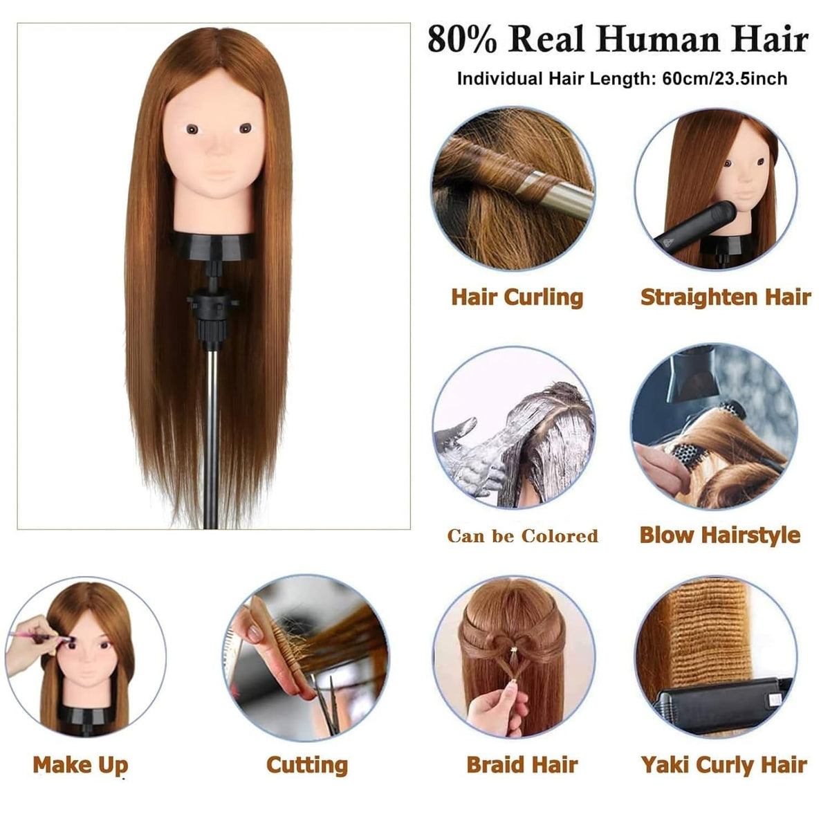 Beauty Star mannequin head length 23-5inch for versatile styling.