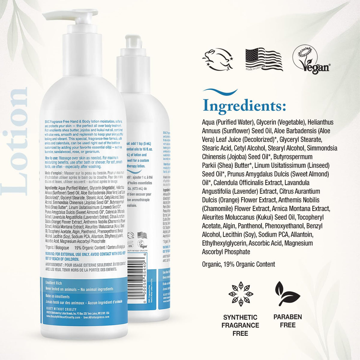 Beauty Without Cruelty fragrance-free lotion texture showing quick absorption