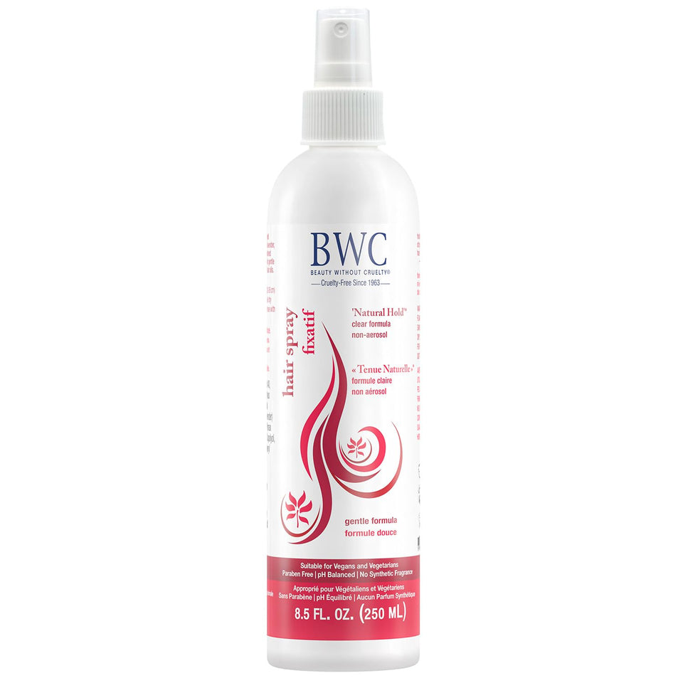 Beauty Without Cruelty Natural Hold Spray bottle showing flexible hold for everyday styling