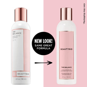 BeautyBio Balance cleanser packaging open box showcasing clean aesthetic