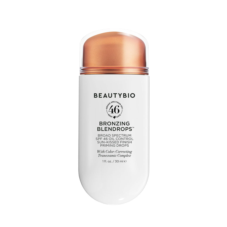BeautyBio Blendrops SPF 46 priming drops bottle showing even-toned skin and sun protection.