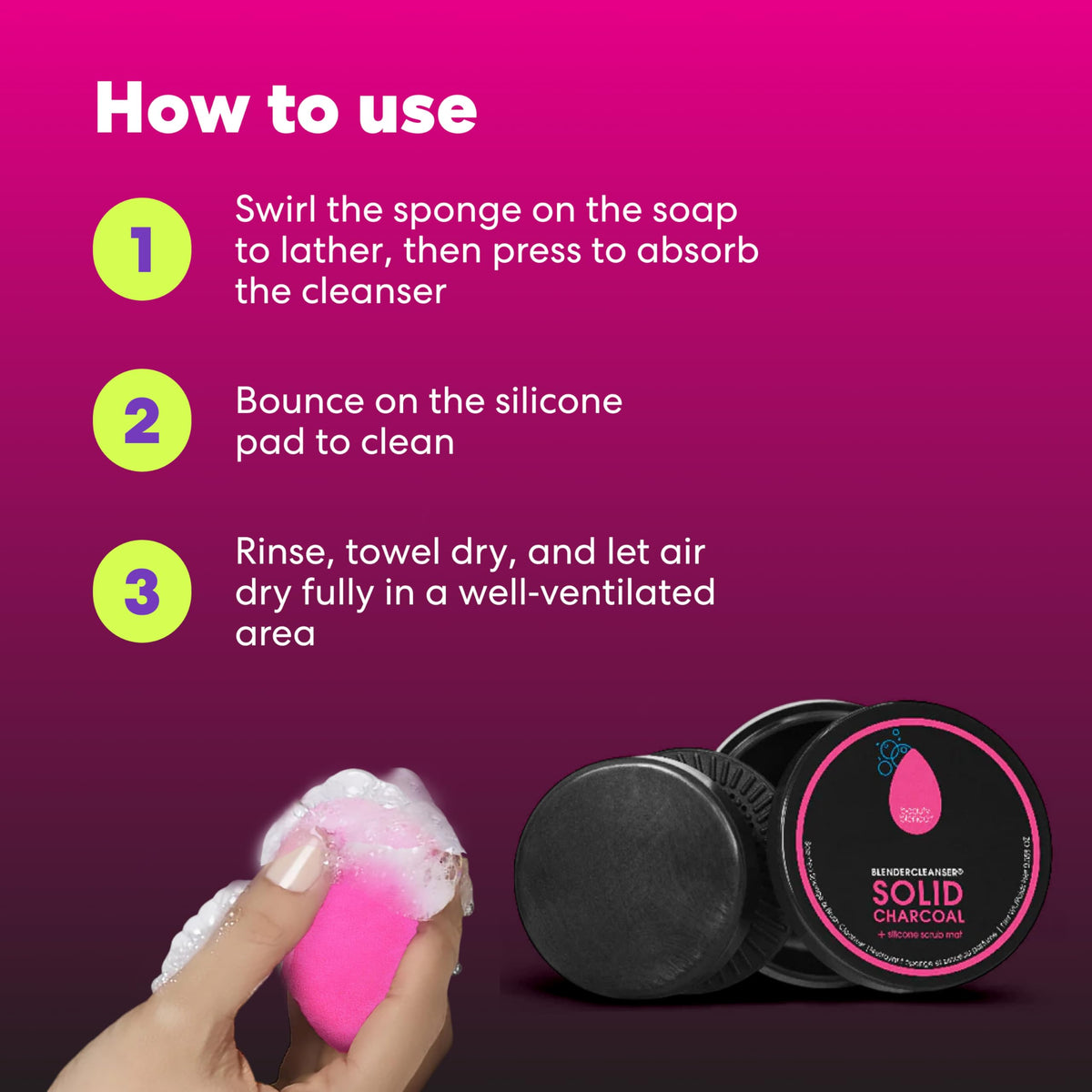Beautyblender Blendercleanser Solid Charcoal bar beside cleansing brush for spot-cleaning.